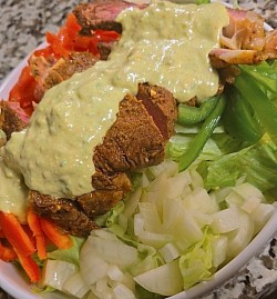 Medium steak salad w avocado dressing $25